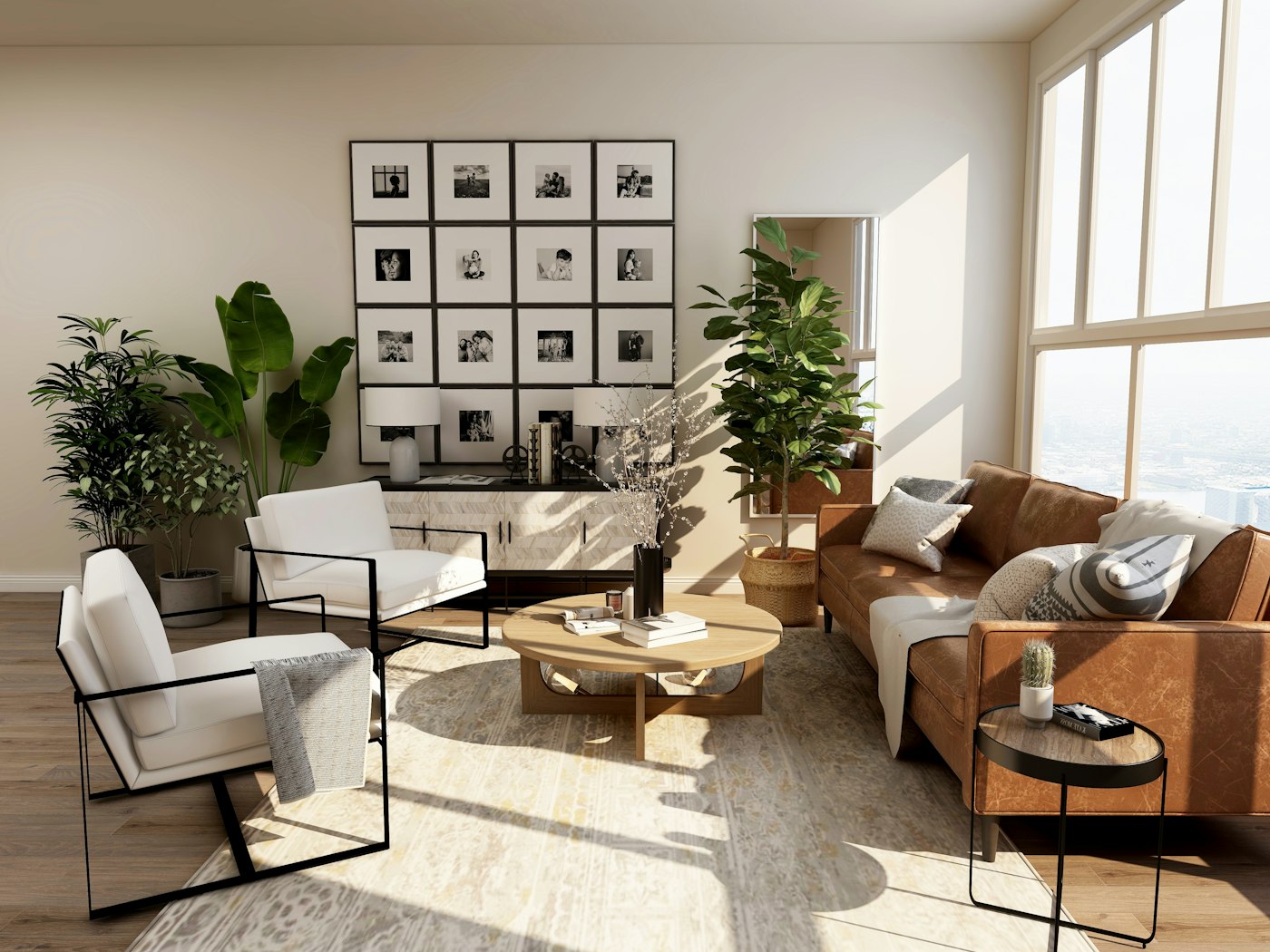 Luxurious modern living space with warm wood tones and floor-to-ceiling windows